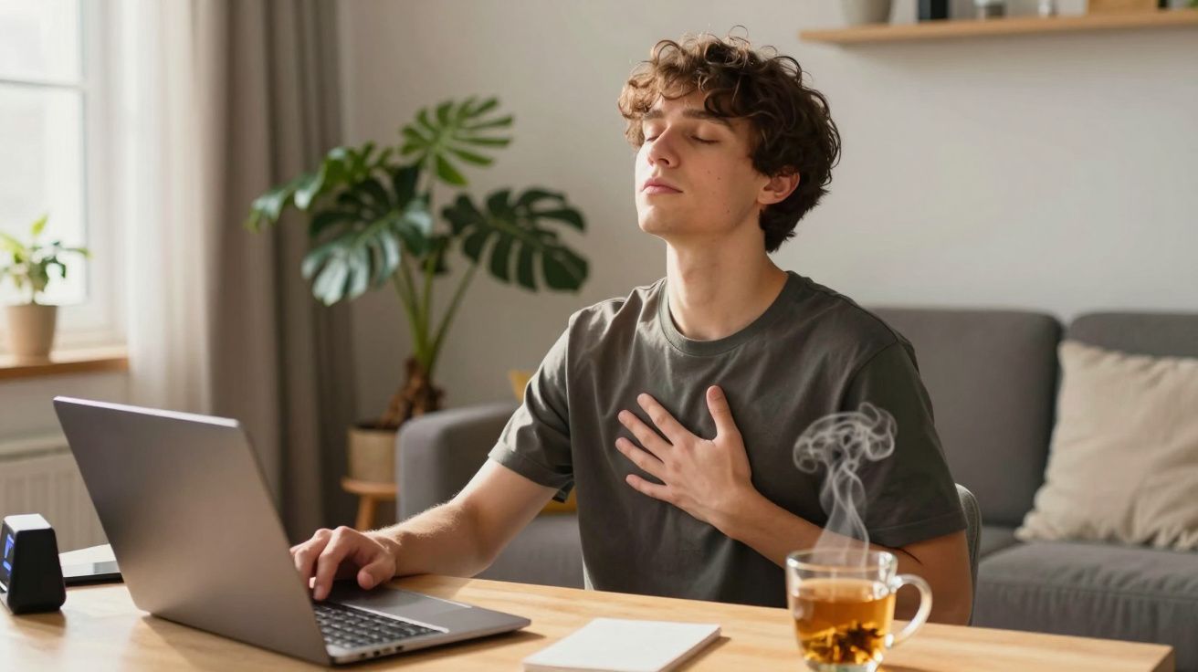 Jovem sentado a trabalhar num computador, com a mão no peito e olhos fechados, numa sala com plantas.