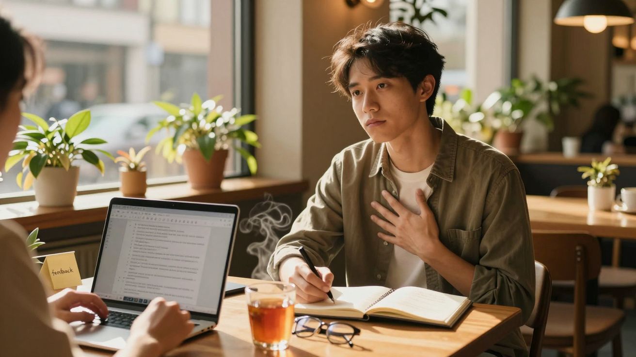 Jovem a falar com outra pessoa numa cafetaria, com caderno aberto e chá numa mesa iluminada por luz natural.