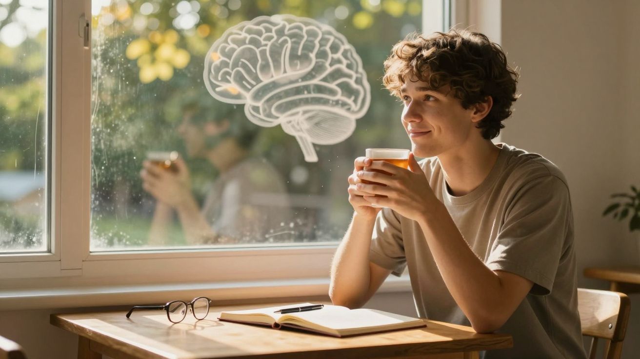 Jovem a sorrir, segurando uma chávena, sentado junto a uma mesa com livro aberto e ilustração de cérebro na janela.