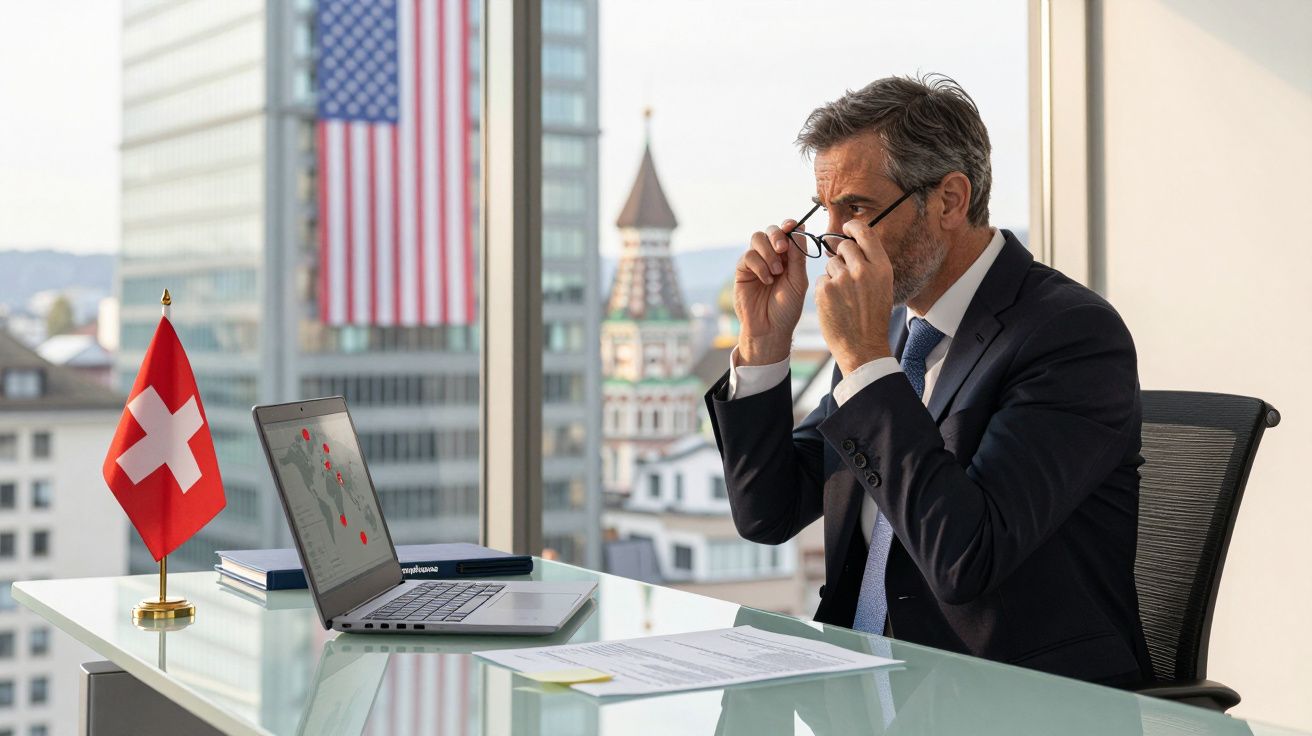 Homem de negócios ajusta os óculos sentado numa secretária com bandeira da Suíça e laptop aberto.