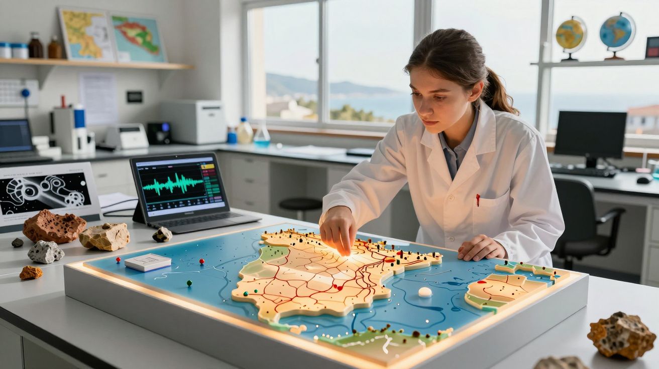 Jovem cientista em bata branca examina modelo iluminado de mapa geográfico em laboratório moderno.