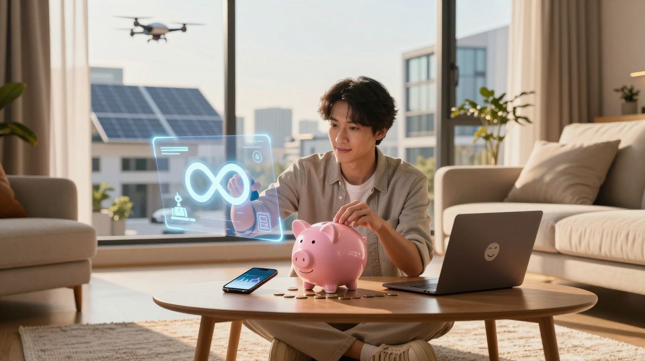 Homem jovem a usar holograma financeiro junto a mealheiro, computador e drone numa sala moderna e iluminada.