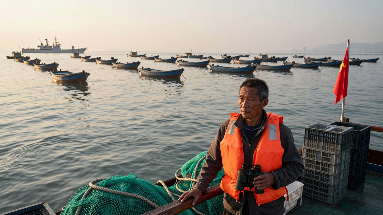 Homem com colete salva-vidas laranja segurando binóculos num barco junto a várias embarcações no mar.