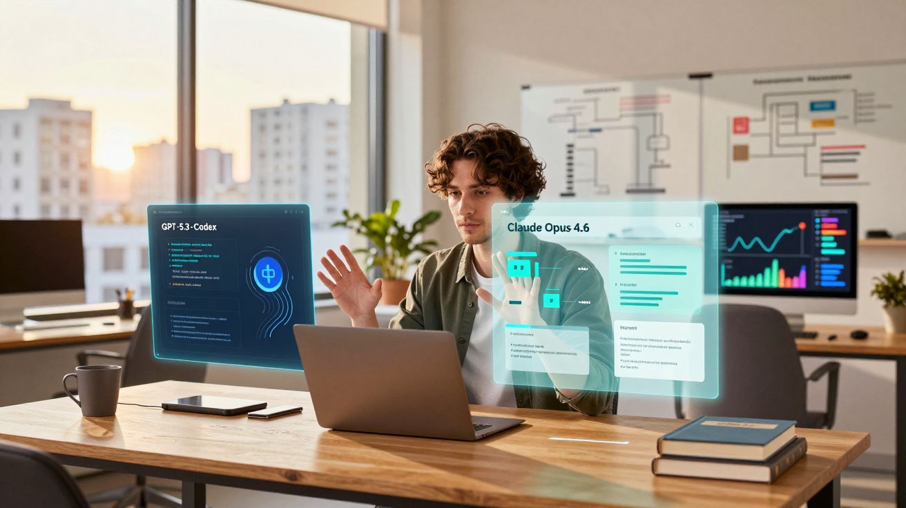 Jovem sentado em mesa de escritório a interagir com hologramas digitais e portátil num ambiente moderno.