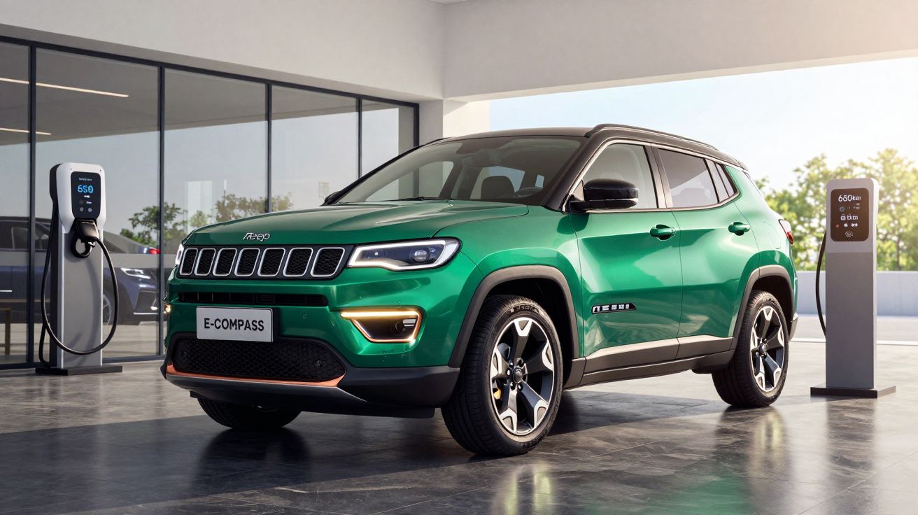 Automóvel Jeep E-Compass verde elétrico a carregar numa estação de carregamento interior moderna.