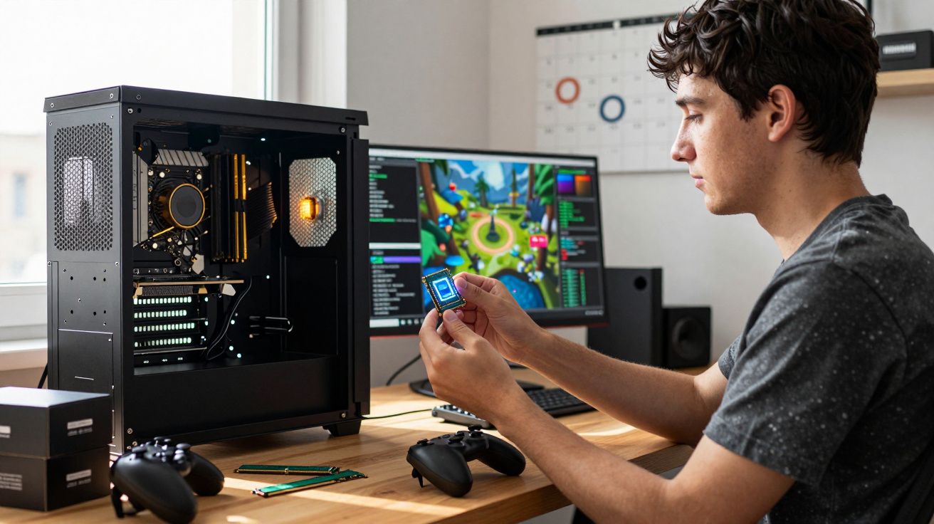 Jovem a montar um computador com componentes eletrónicos e ecrã de videojogo aberto numa secretária ao lado da janela.