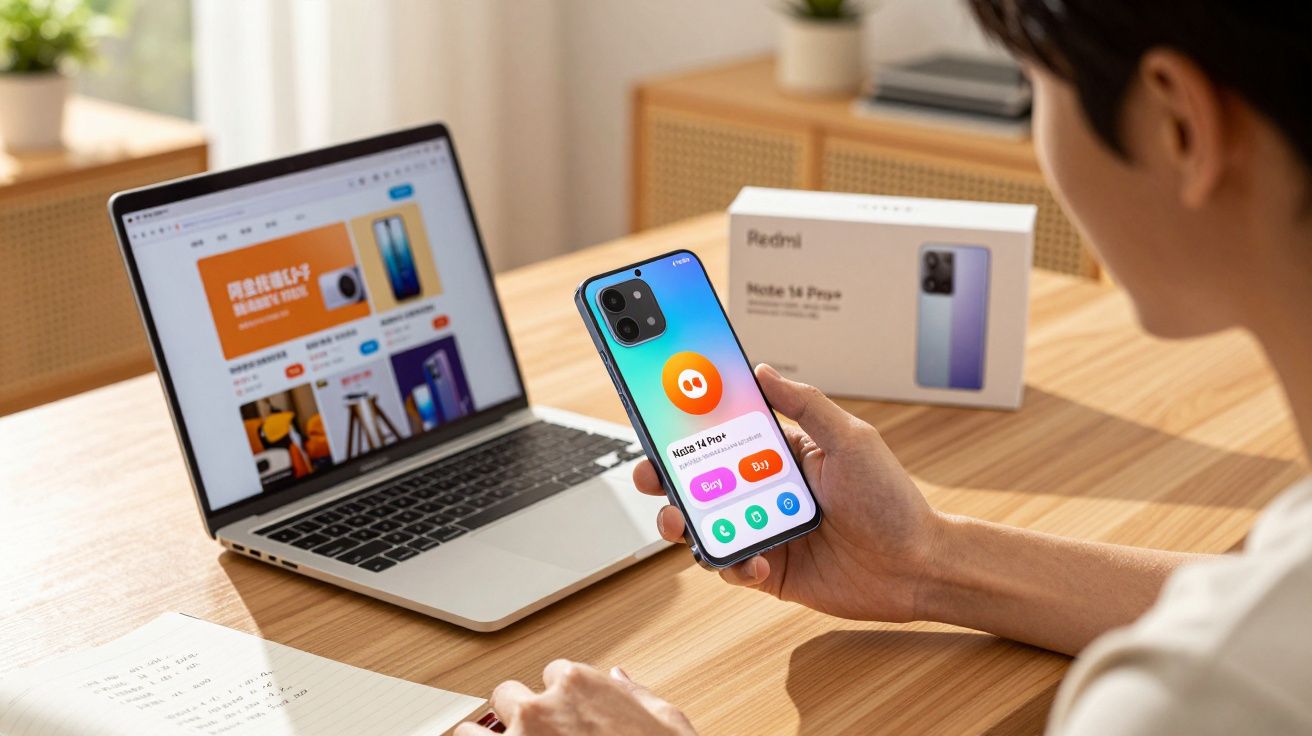 Pessoa segurando smartphone Redmi Note 14 Pro+ com laptop aberto em mesa de trabalho.