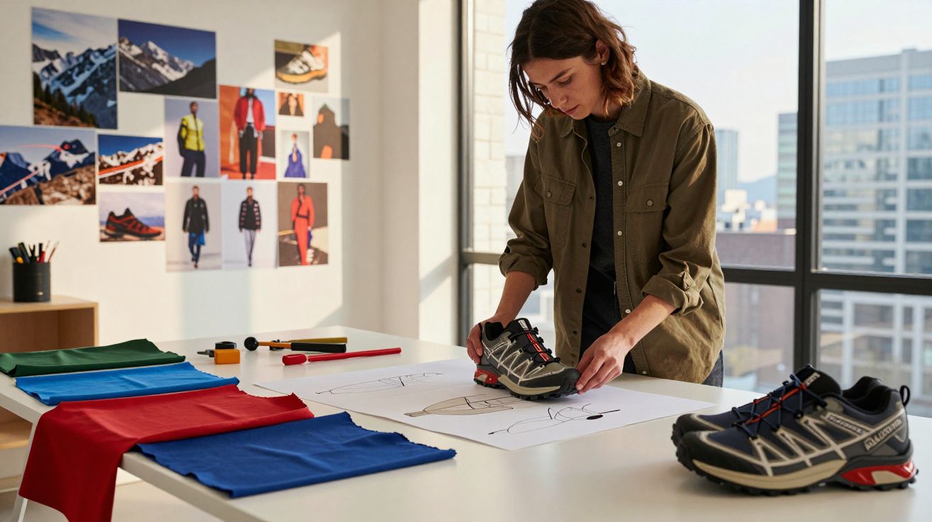 Mulher trabalhando no design de um ténis desportivo num estúdio com tecidos coloridos e desenhos técnicos.