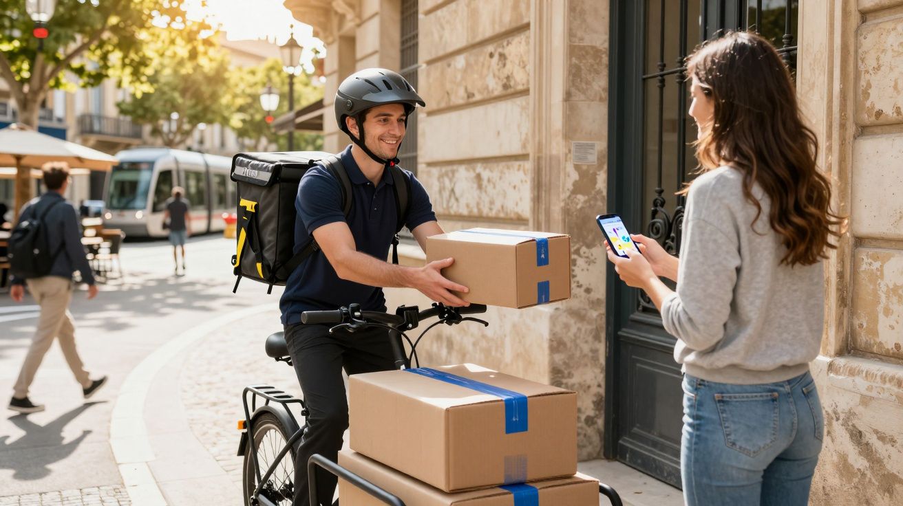 Entregador de bicicleta a entregar encomenda a mulher na porta de um edifício numa rua da cidade.