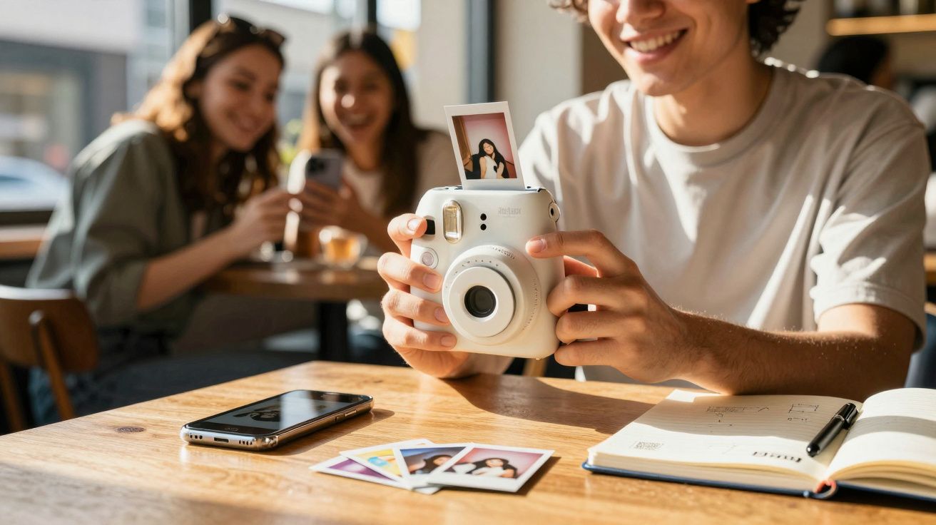 Pessoa a segurar uma máquina fotográfica instantânea com fotos polaroid numa mesa com telemóvel e caderno.