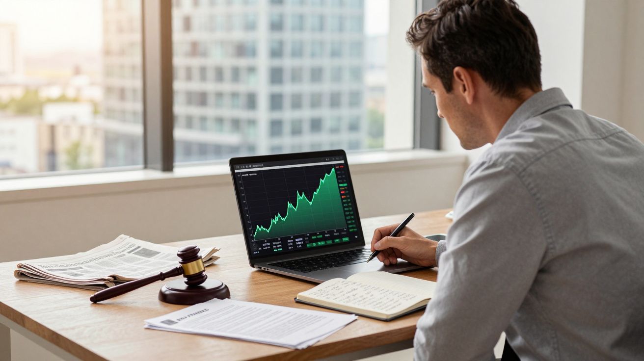 Homem a trabalhar num escritório com laptop a mostrar gráfico a subir e a escrever em caderno.