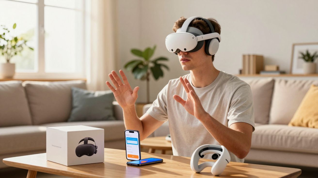 Homem sentado em sala de estar, a usar headset VR e auscultadores, interagindo com realidade virtual.