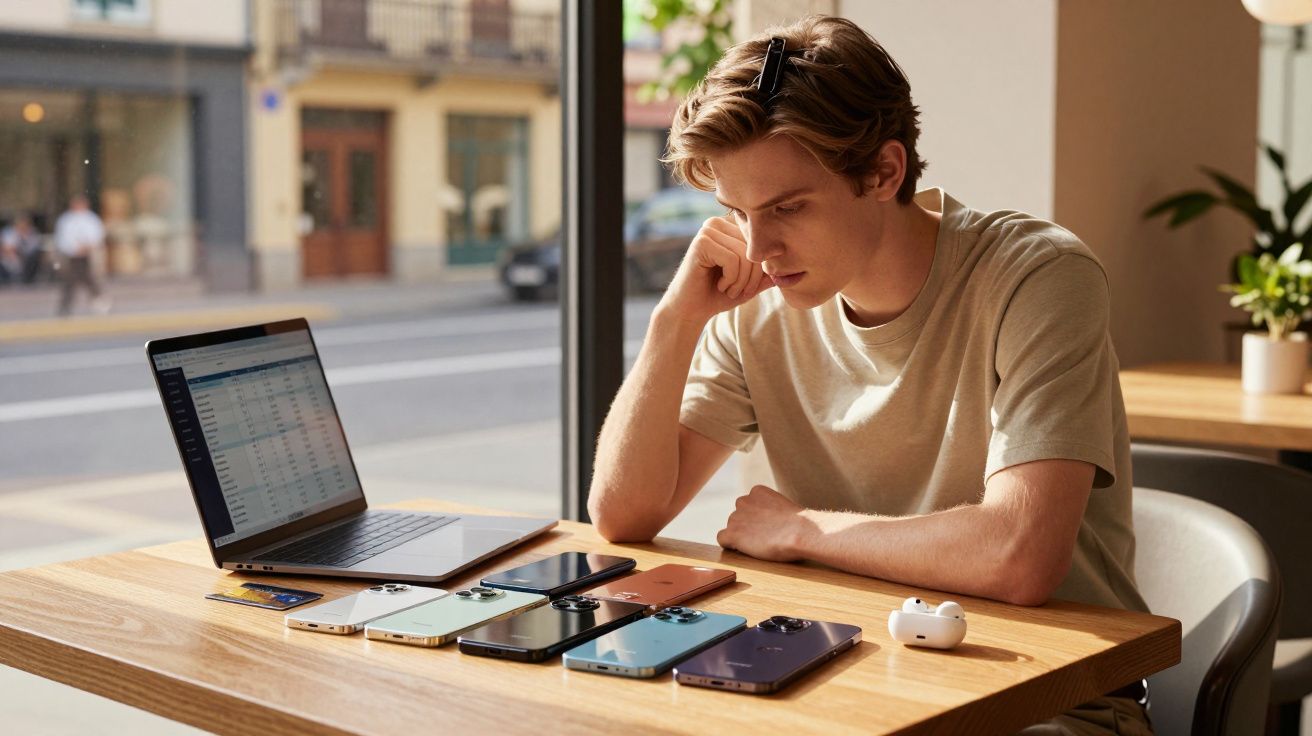 Jovem sentado a olhar vários telemóveis e um portátil aberto numa mesa junto à janela.