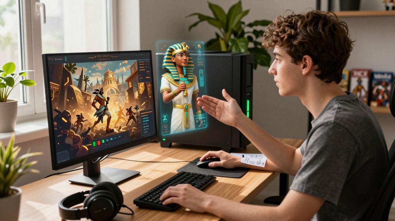 Jovem sentado ao computador a interagir com jogo virtual de temática antiga egípcia, com holograma de faraó.