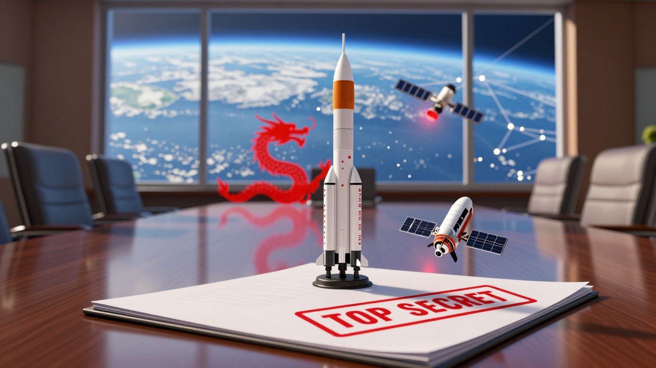 Sala de reuniões com maquete de foguetão, satélites, documento “Top Secret” e vista da Terra e dragão vermelho.