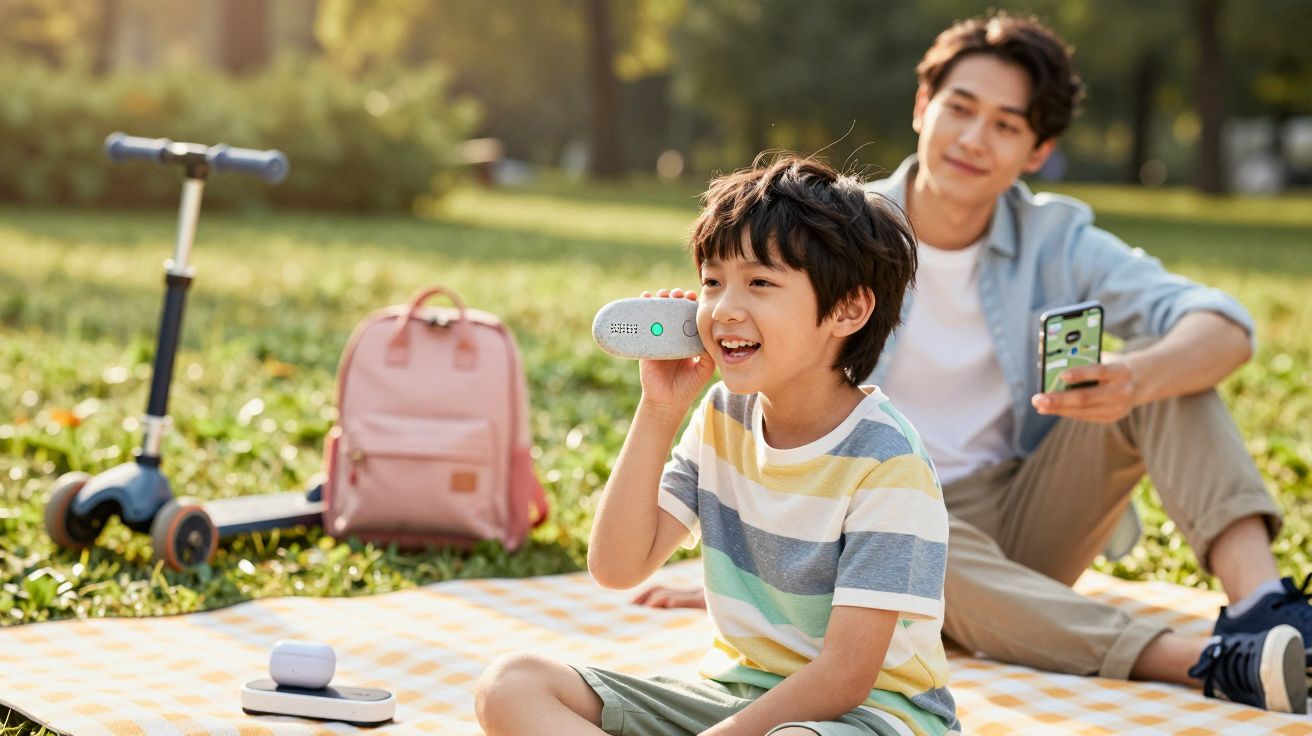 Criança sentada no parque a falar num intercomunicador com adulto sentado atrás com telemóvel.
