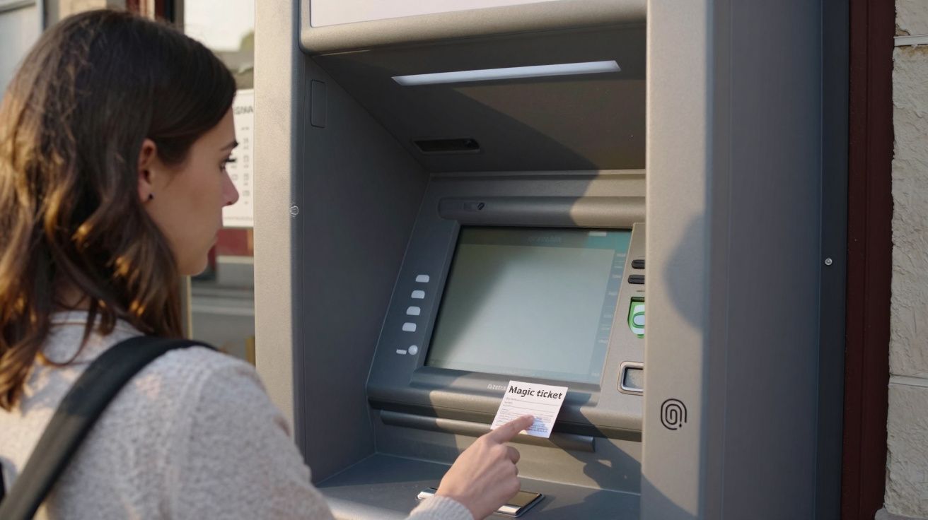 Mulher a usar um terminal de multibanco, segurando um bilhete com o texto "Magic ticket".