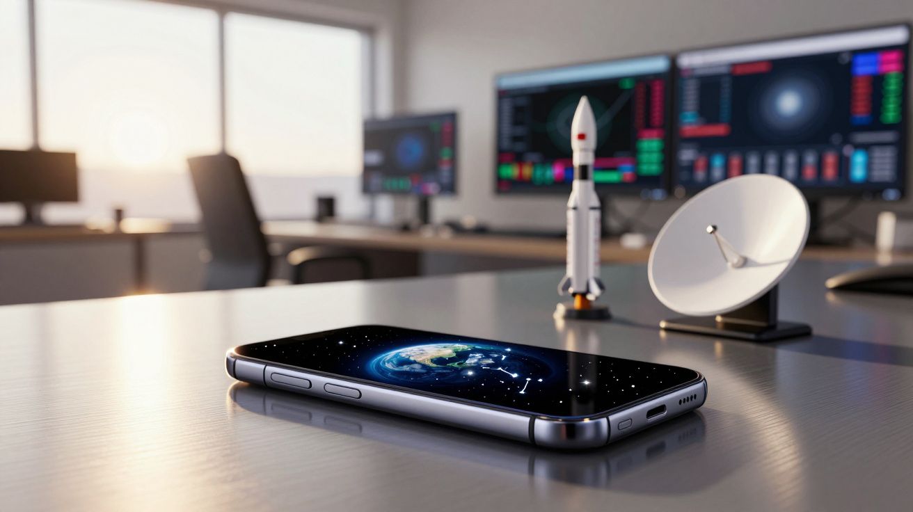 Smartphone com imagem da Terra e constelação, miniatura de foguetão e antena parabólica numa secretária de escritório.