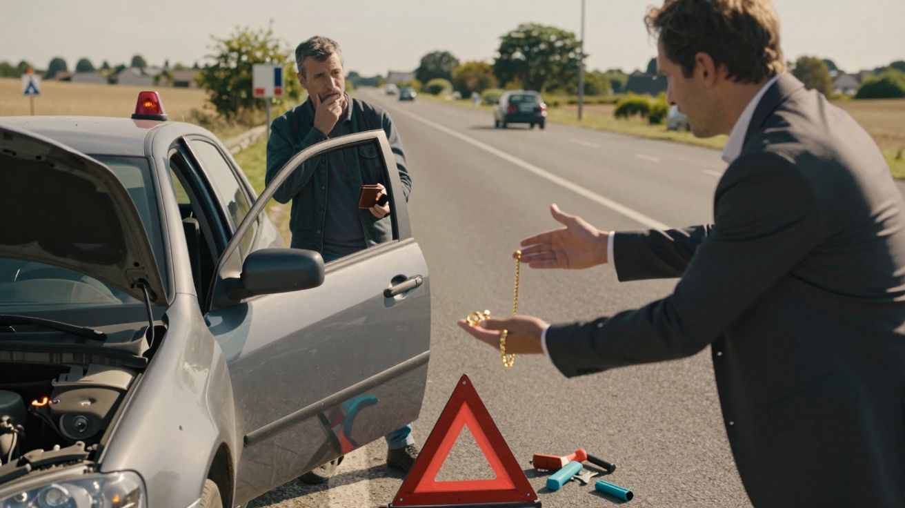 Homem de fato entrega colar de ouro a motorista parado com avaria na berma da estrada.