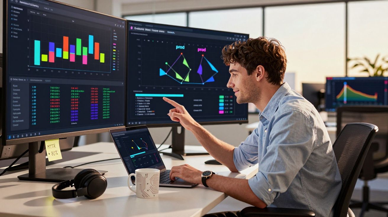 Homem a analisar gráficos coloridos em vários ecrãs num escritório moderno iluminado pela luz natural.