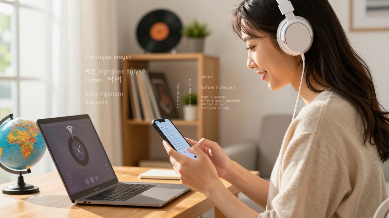 Mulher a usar auscultadores e smartphone sentada numa secretária com portátil e globo terrestre ao lado.