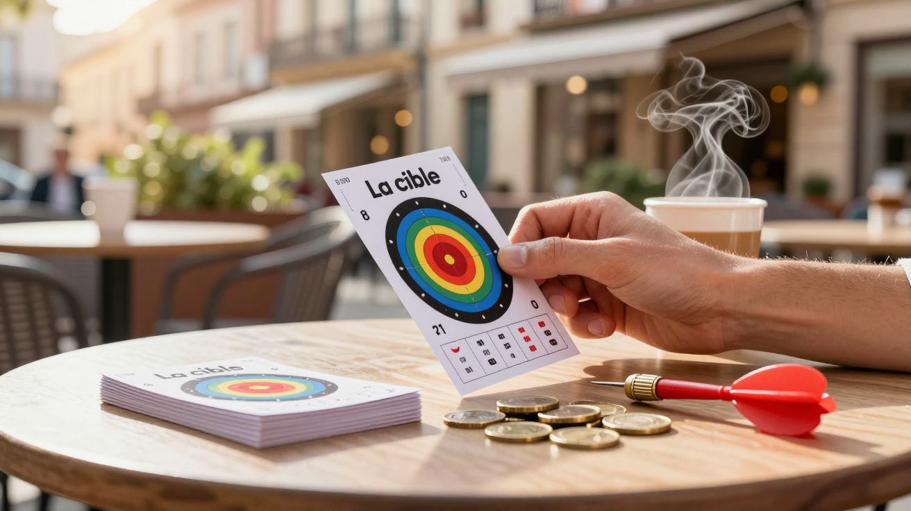 Mão segura carta com alvo colorido sobre mesa com moedas, dardo vermelho e chá quente fumegante em café ao ar livre.