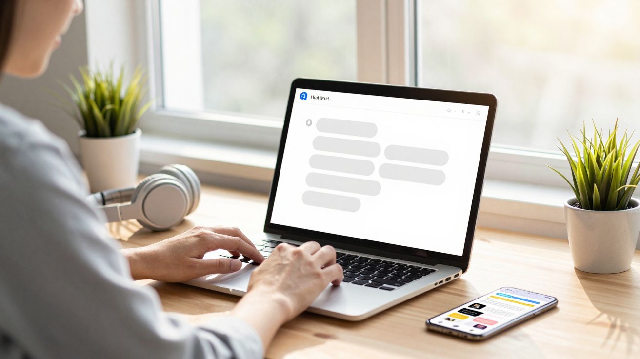 Pessoa a usar computador portátil numa secretária junto a uma janela, com telemóvel e auscultadores.