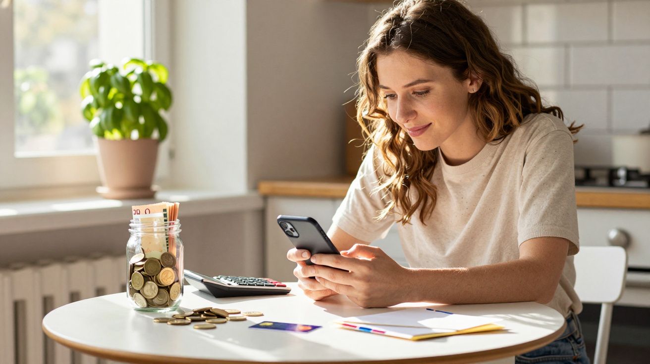 Mulher sentada à mesa a usar telemóvel, com frasco de moedas, calculadora e cartões de crédito.