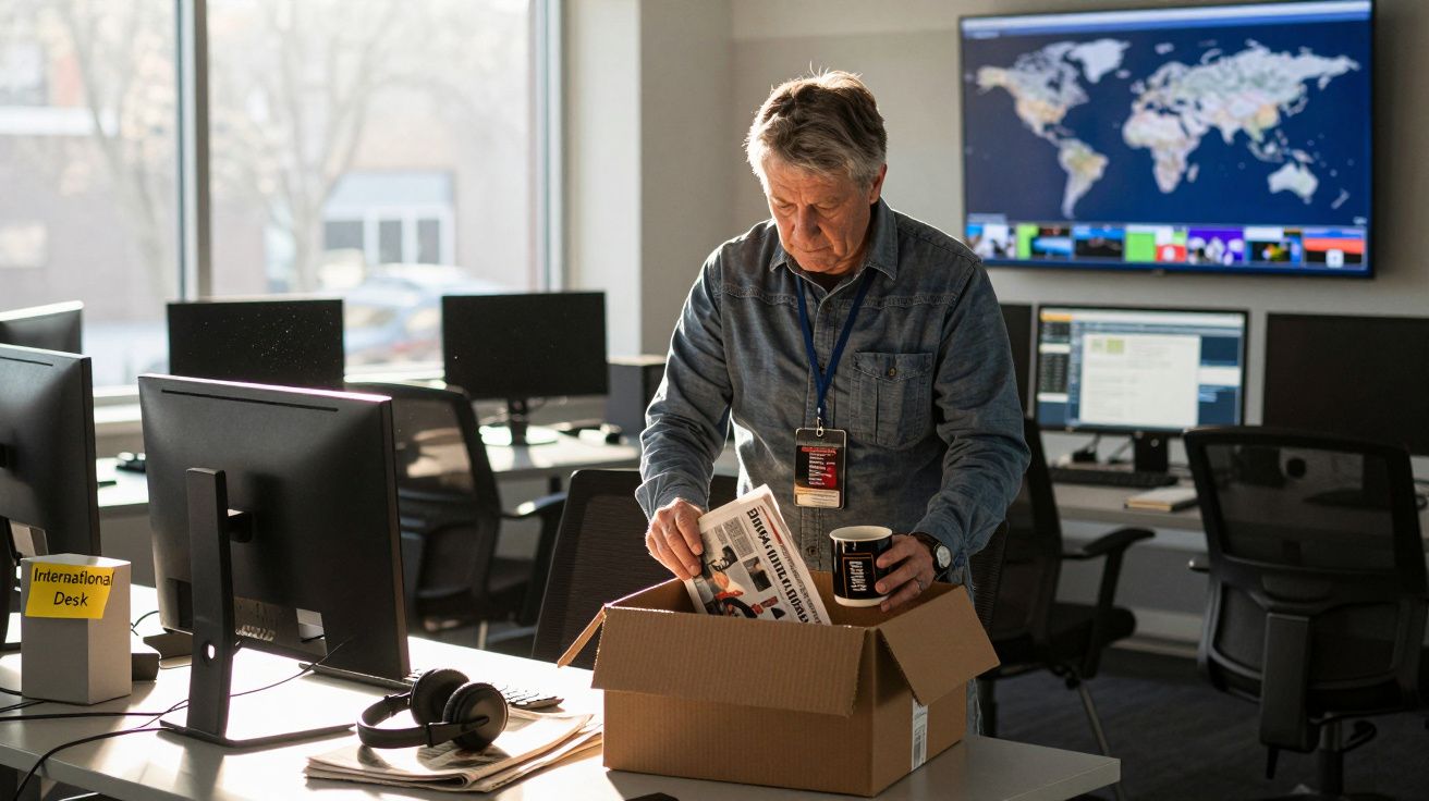 Homem a desempacotar caixa com jornal e caneca numa sala de escritório com vários computadores e mapa-múndi.