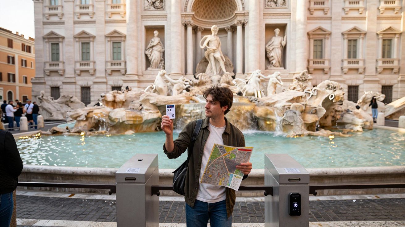 Homem com mapa na mão junto à Fonte de Trevi em Roma, segurando bilhete turístico.