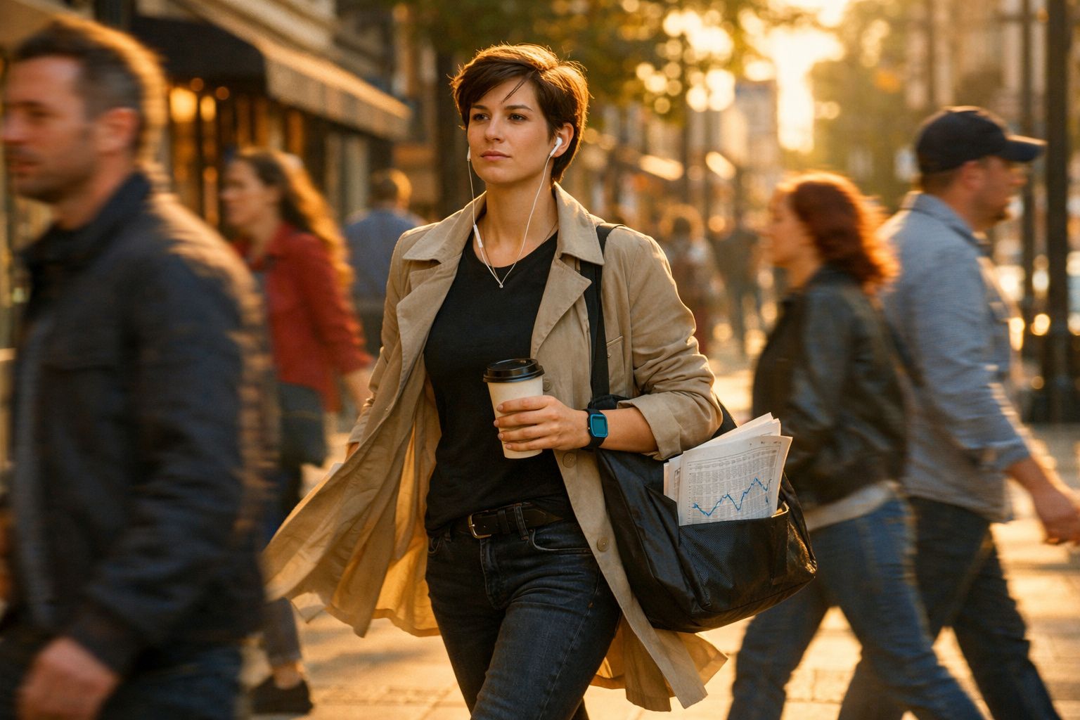 Mulher jovem caminha na rua com casaco bege, café na mão e auscultadores, entre pessoas em movimento.