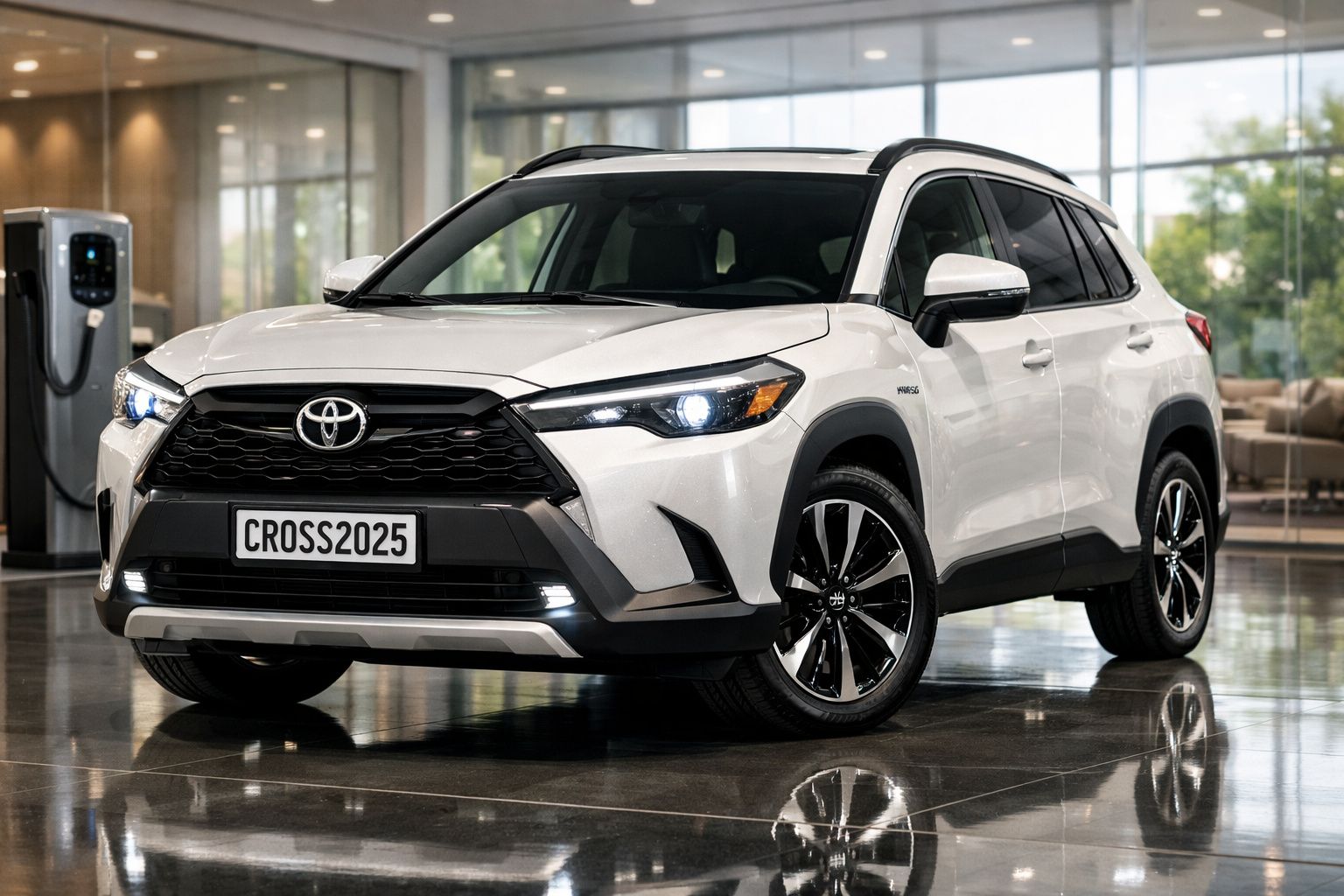 SUV Toyota branco modelo 2025 em exposição dentro de showroom moderno e iluminado.