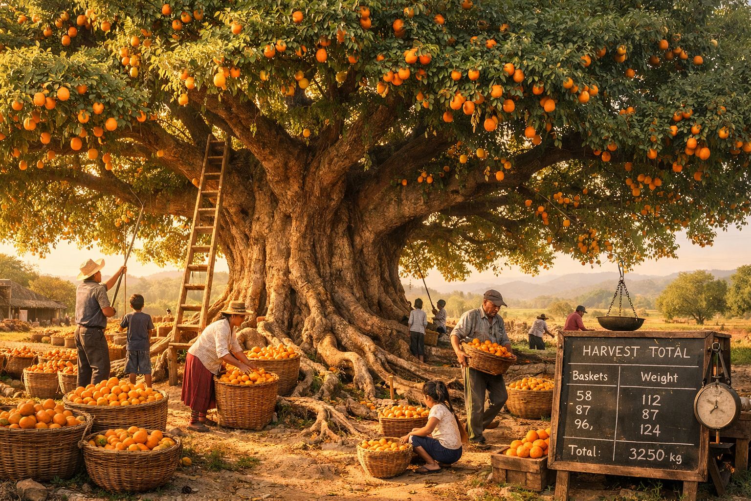 Pessoas a colher laranjas de uma grande árvore antiga com várias cestos e placa de colheita total.