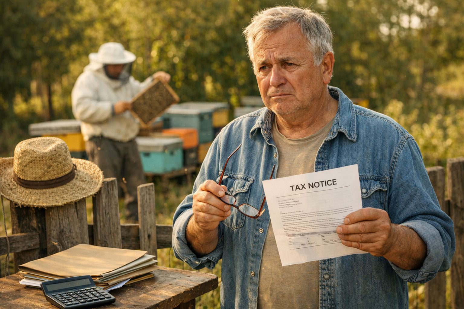 Homem preocupado segura aviso de impostos junto a colmeias, com apicultor ao fundo trabalhando.