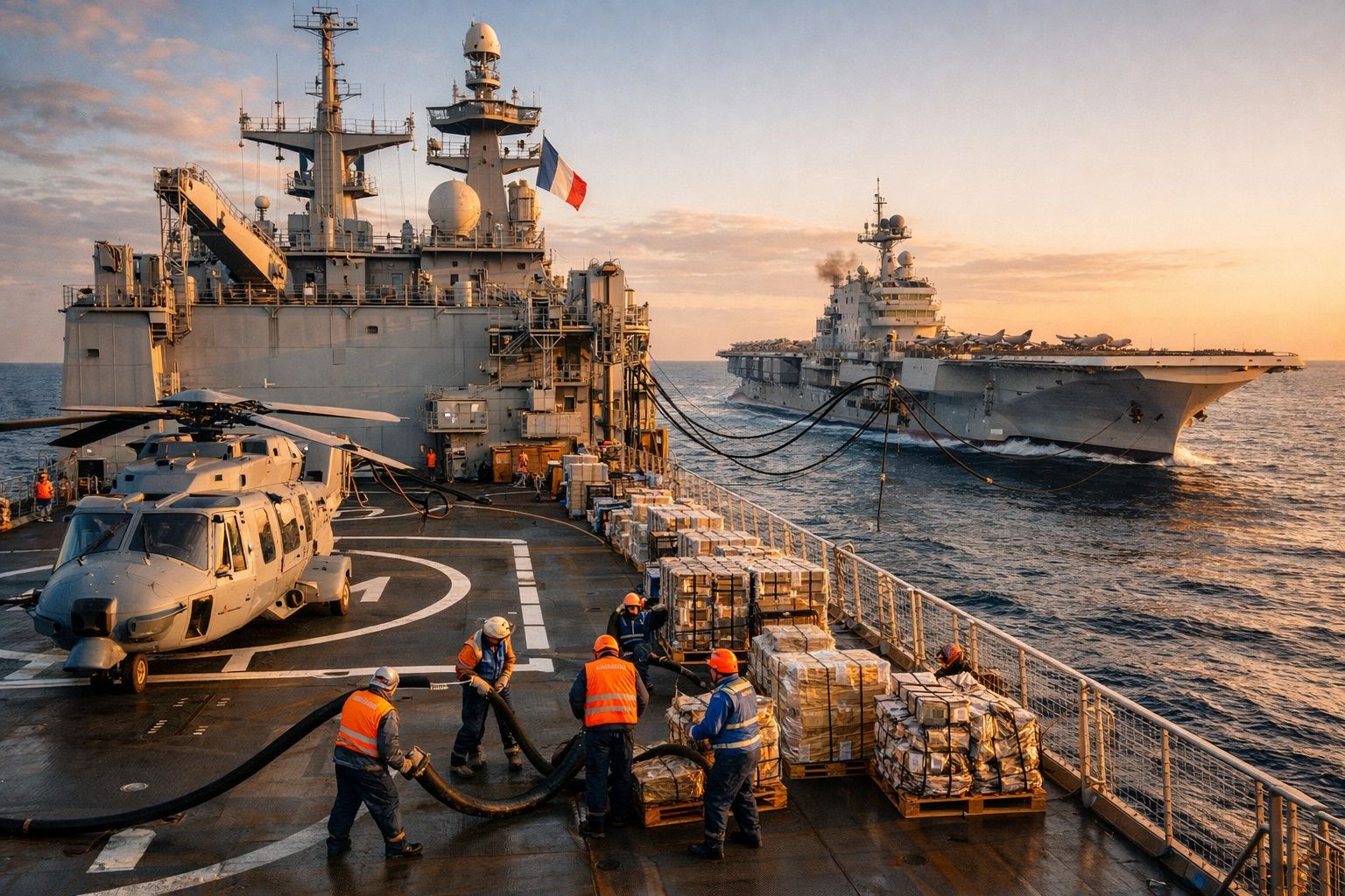 Marinheiros em coletes laranja carregam mantimentos num porta-aviões com helicóptero, outro navio ao fundo ao pôr do sol.