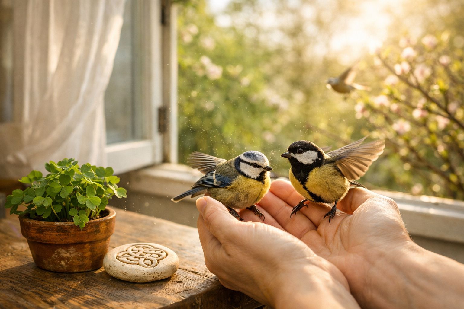 Duas pequenas aves pousadas em mãos humanas junto a planta em vaso numa janela iluminada pelo sol.