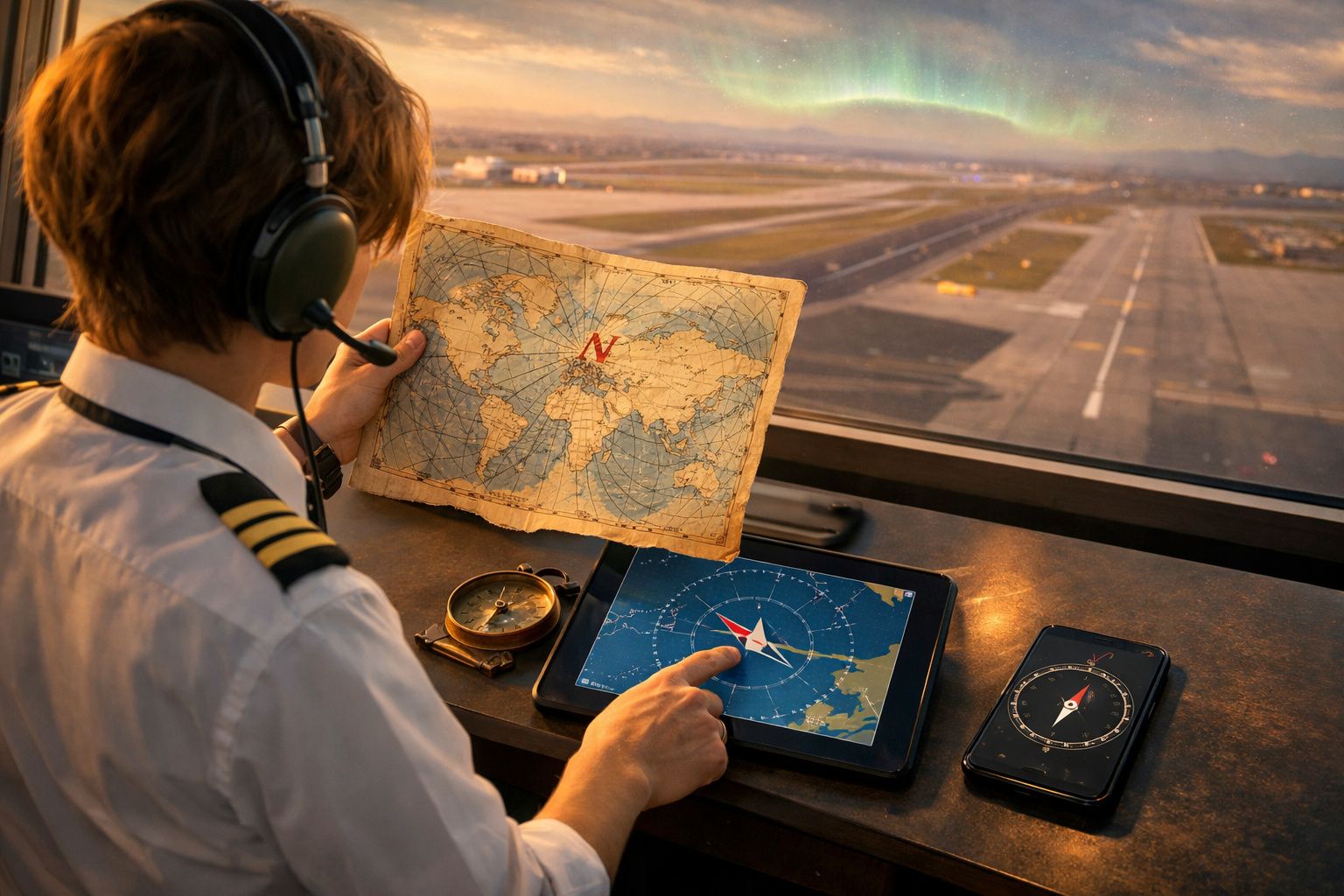Piloto com fones de ouvido analisa mapa antigo e usa bússolas e tablet com bússola digital na torre de controlo do aeroporto.