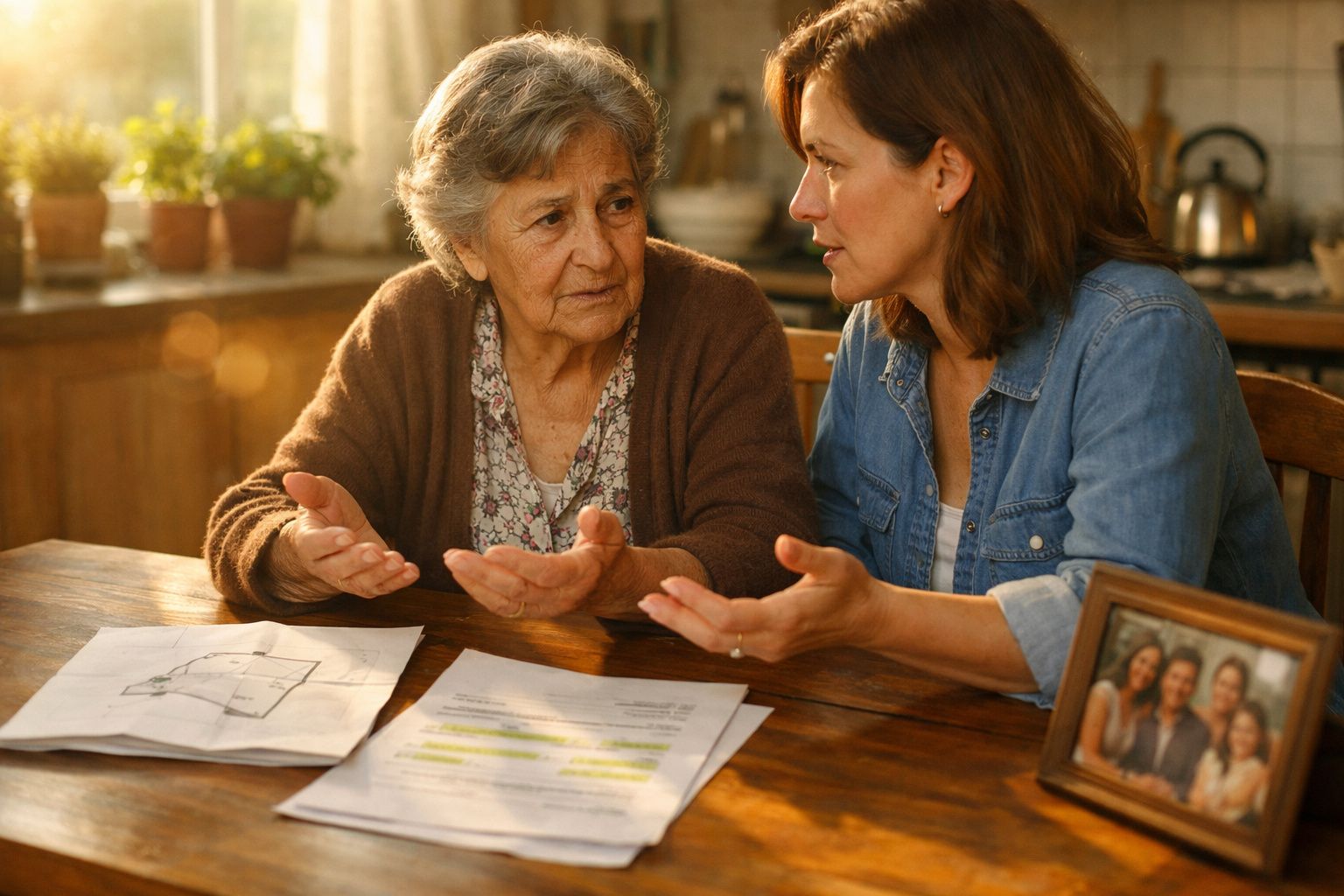Duas mulheres, uma idosa e outra de meia-idade, conversam com expressão preocupada à mesa com documentos.