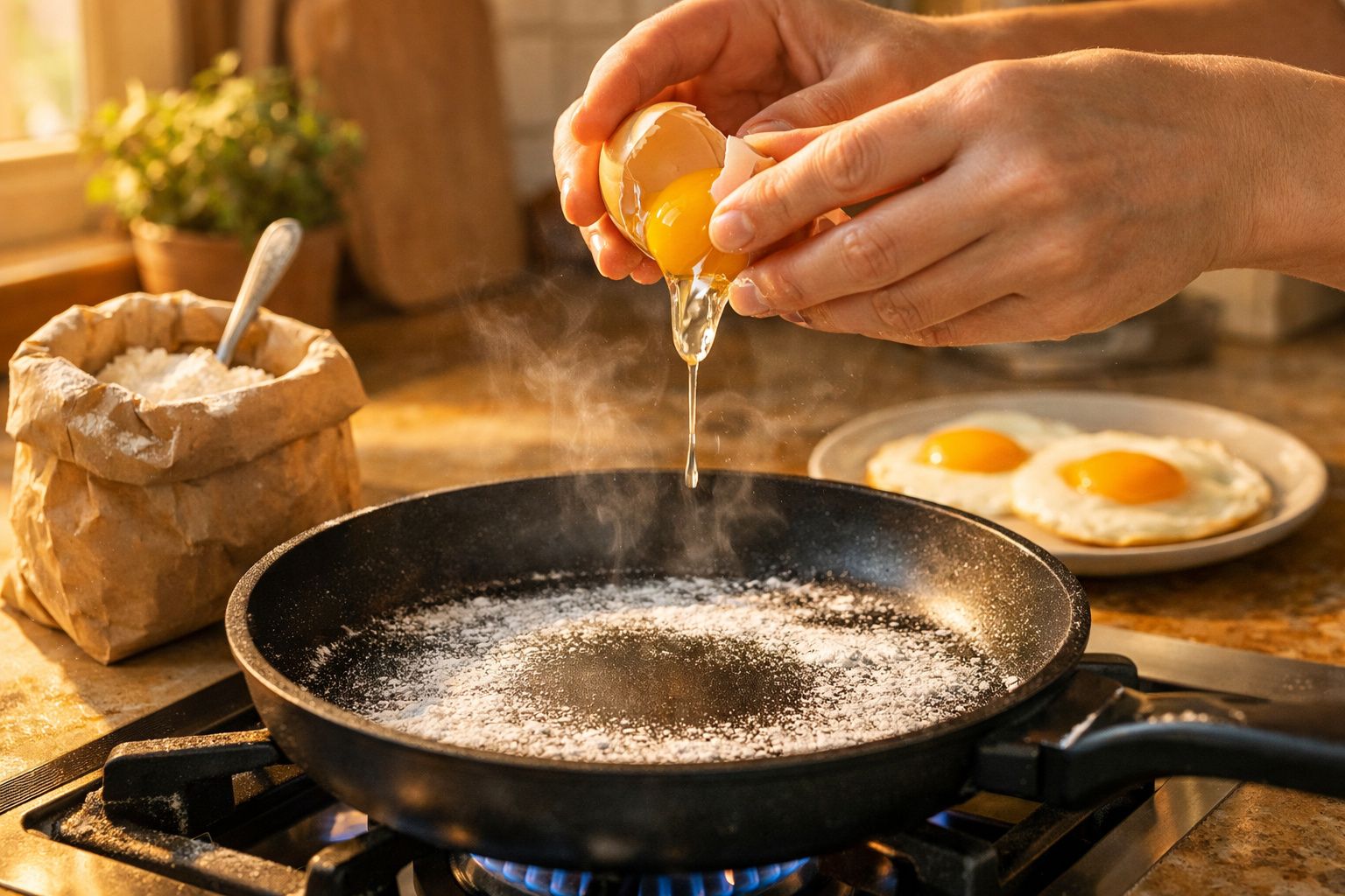 Mãos a partir um ovo para uma frigideira quente, com ovos estrelados e saco de farinha ao fundo.