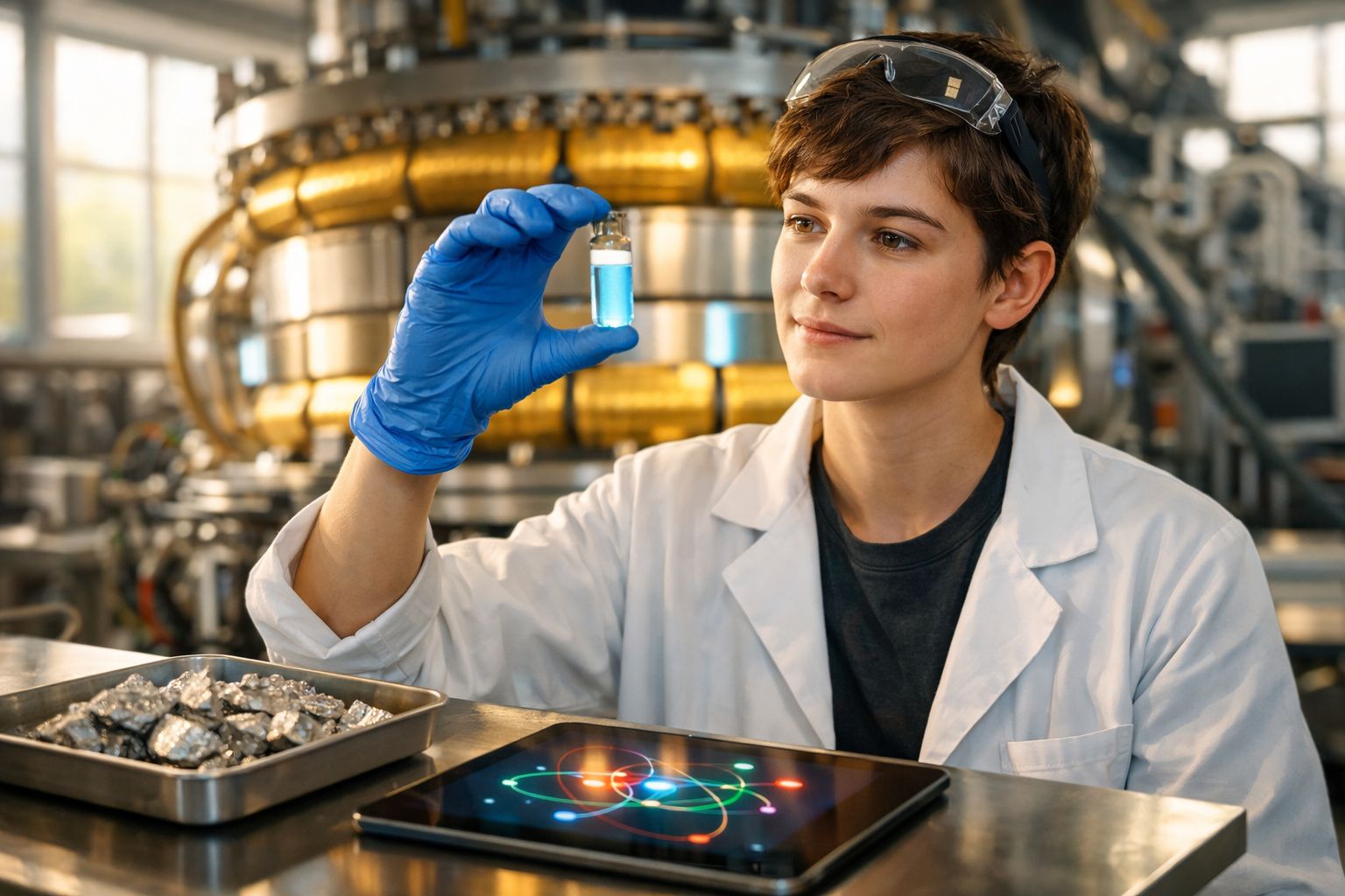 Cientista com bata e luvas examina frasco com líquido azul em laboratório tecnológico avançado.