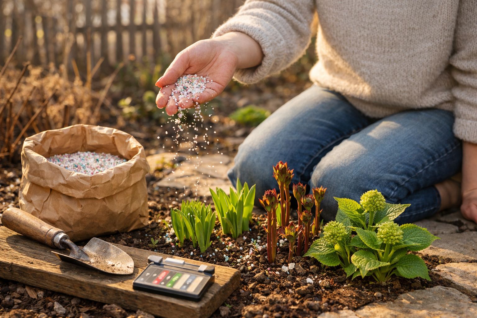 Pessoa a fertilizar plantas num jardim com saco de fertilizante e espátula ao lado.