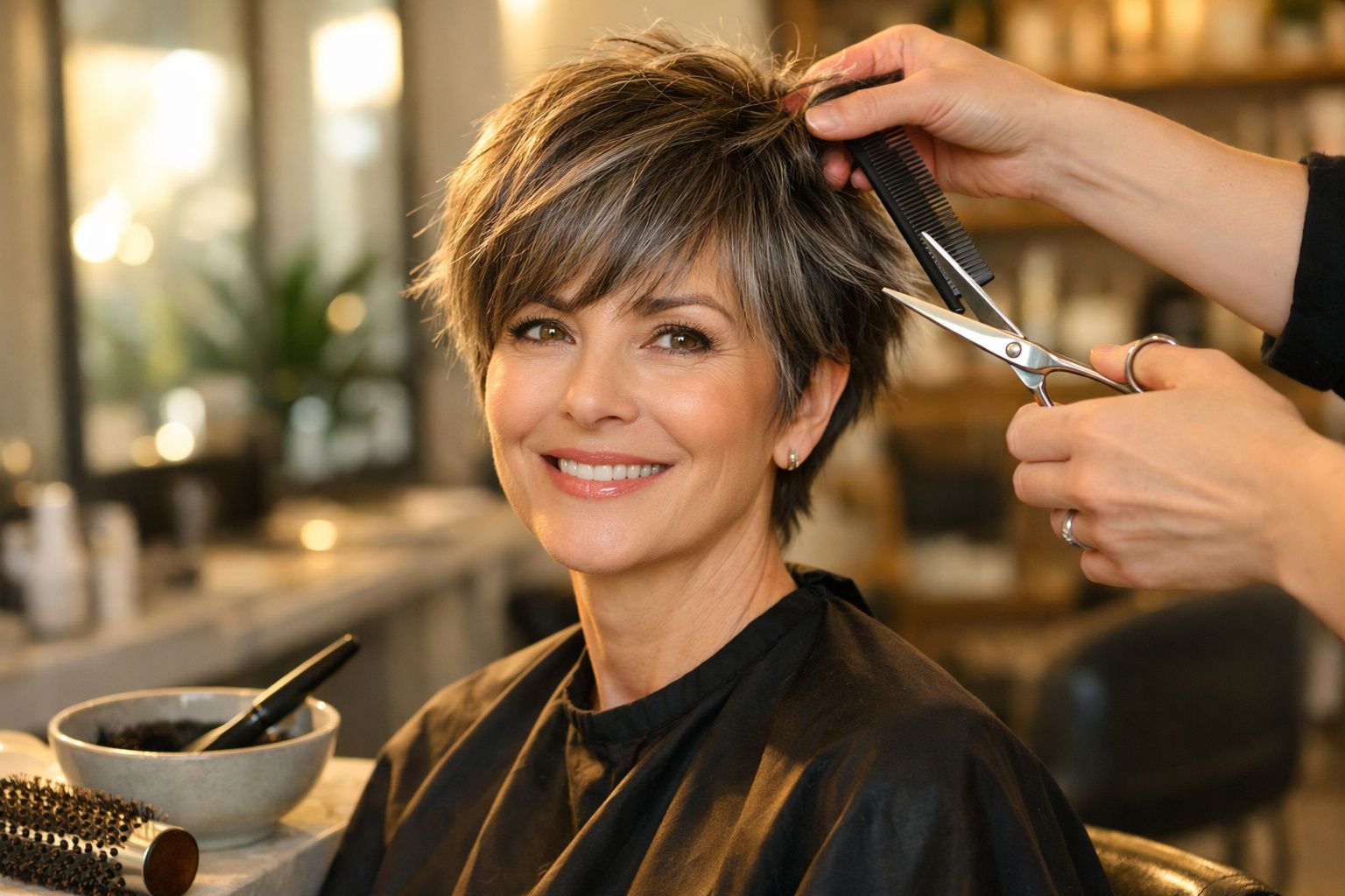 Mulher sorridente a cortar cabelo curto num salão de cabeleireiro com fundo desfocado.