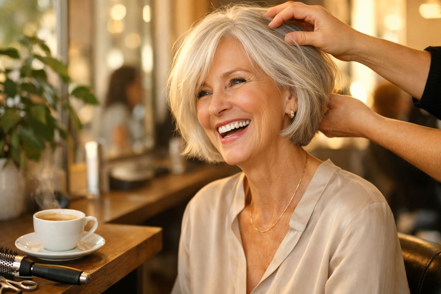 Mulher sorridente com cabelo branco curto a ser penteada num salão, com chá ou café numa mesa próxima.