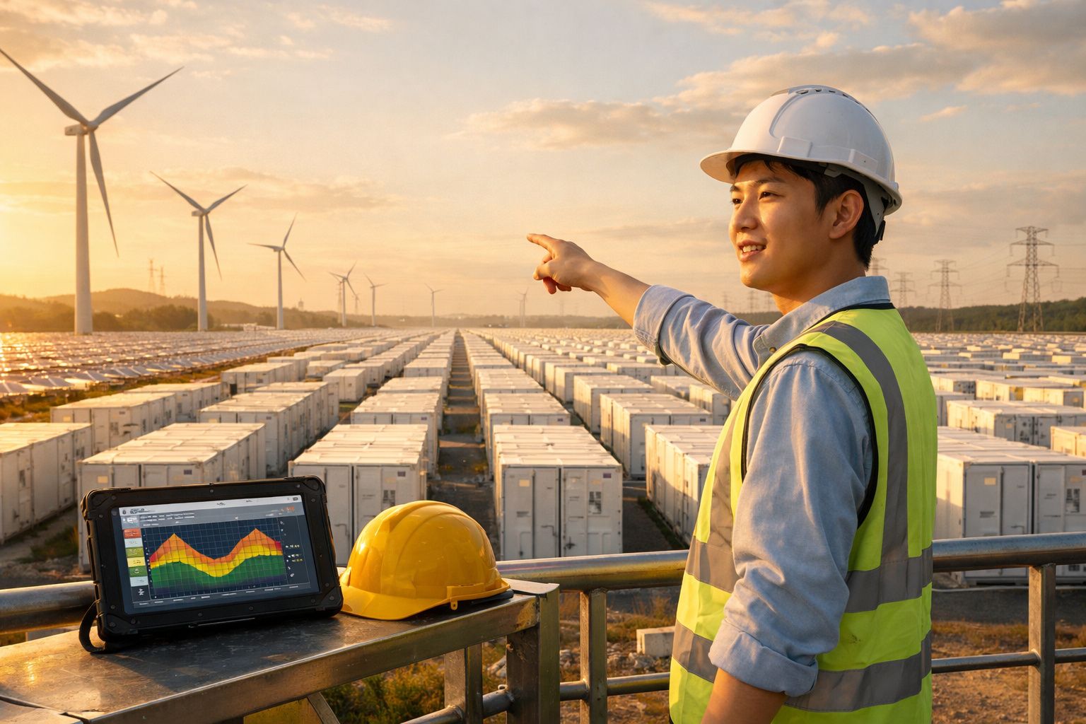 Engenheiro com capacete e colete reflete sobre energia renovável diante de turbinas e baterias ao pôr do sol.