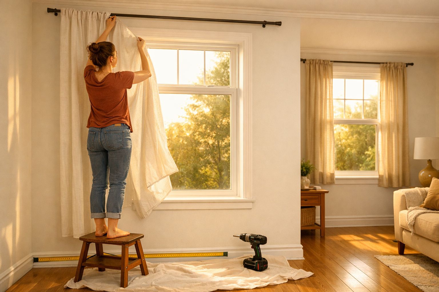 Mulher em pé num banco ajusta cortinas num quarto iluminado pelo sol durante o dia.