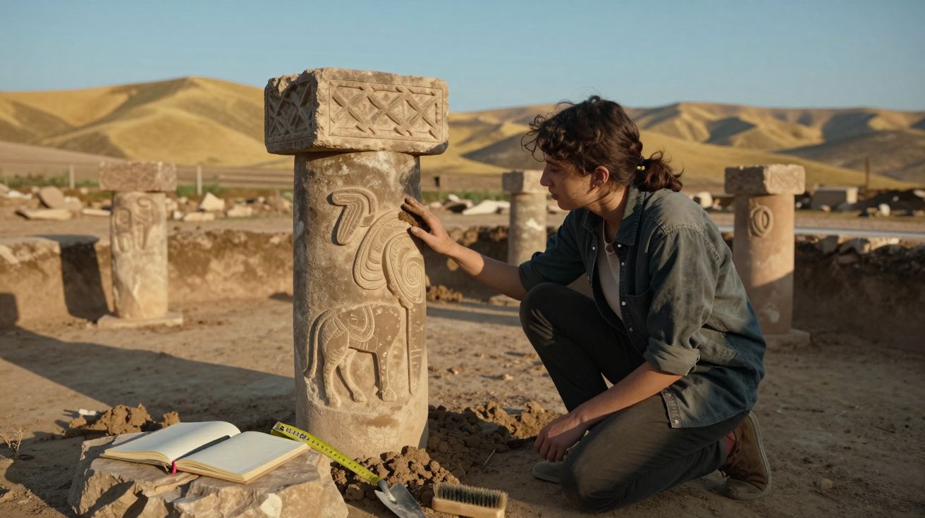 Investigadora analisa colunas esculpidas numa escavação arqueológica ao ar livre, com montanhas ao fundo.