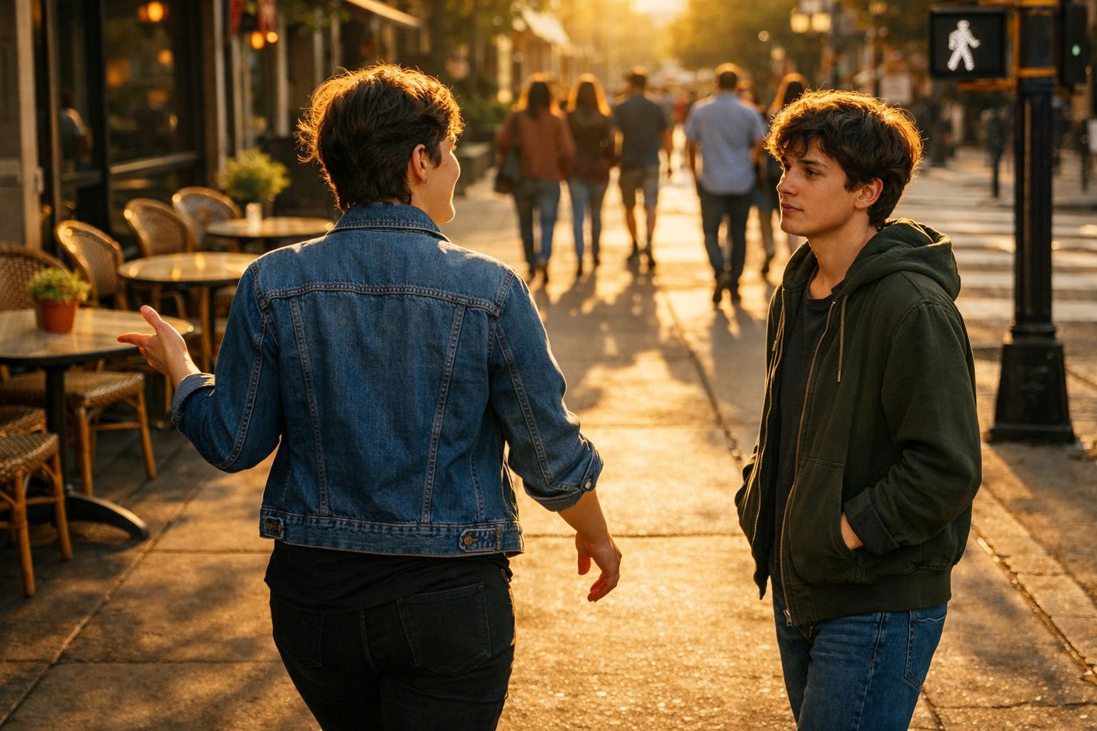 Duas pessoas conversam numa rua iluminada pelo sol ao final da tarde, com outras pessoas ao fundo.