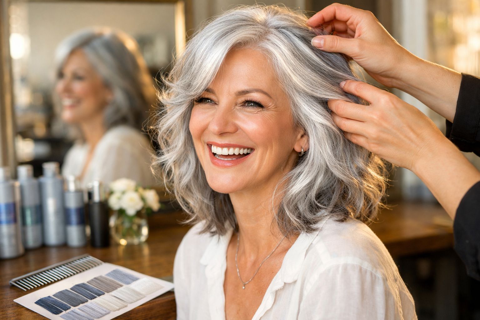 Mulher sorridente com cabelos grisalhos sendo penteada num salão de beleza, ambiente iluminado e acolhedor.
