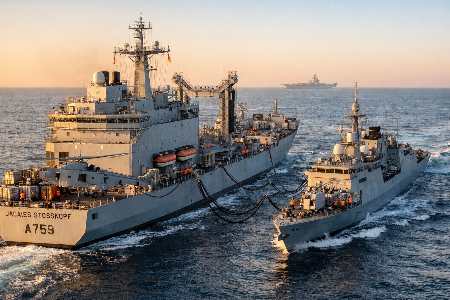 Dois navios militares conectados para reabastecimento no mar ao pôr do sol, com um terceiro navio ao fundo.