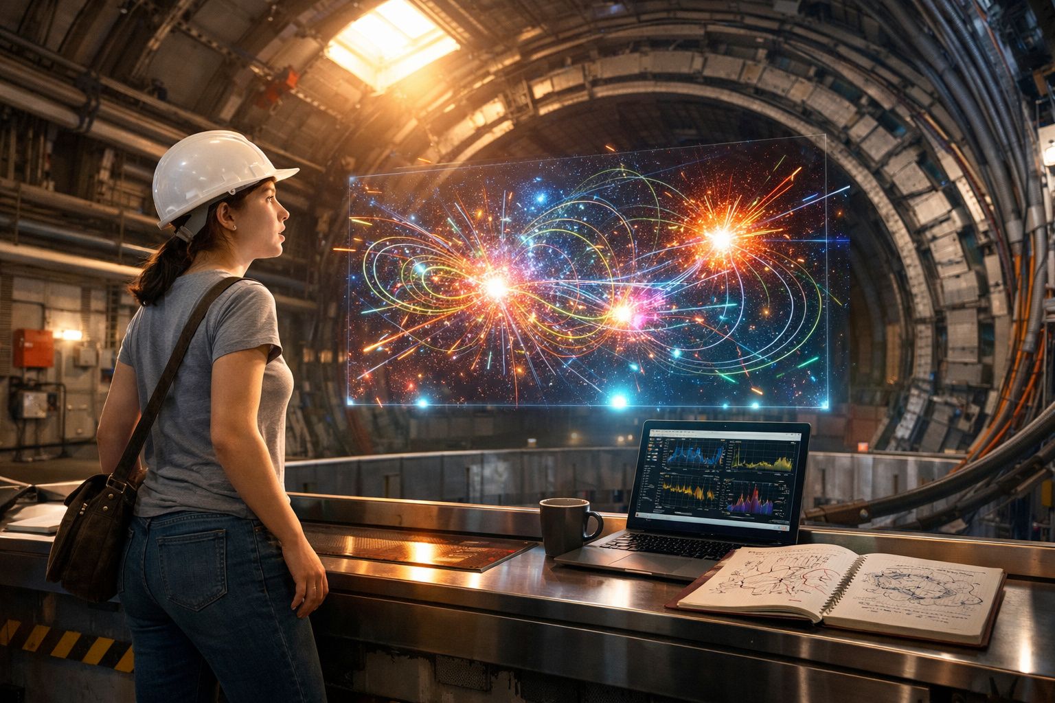 Mulher com capacete observa gráficos e dados científicos numa instalação tecnológica futurista.